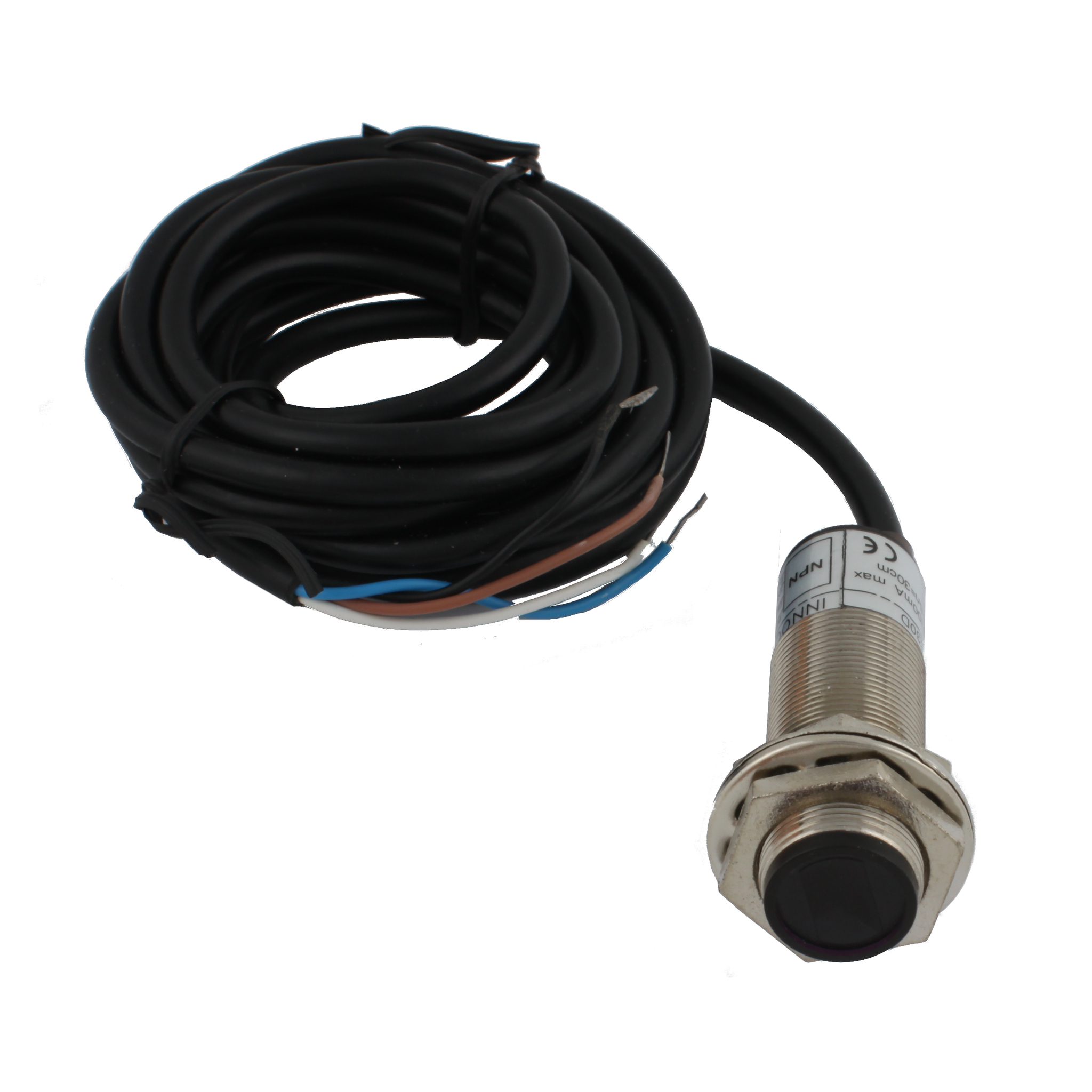 INNOCONT Фотодатчик диффузионный, М18x1, зона срабатывания до 30 см, -10 +60 С, 12…24 VDC, IP67, выход: NPN NO + NC, макс. ток 200 мА, время реакции 3 мс, кабель 2 м PES-D18-NOC30D (cable)