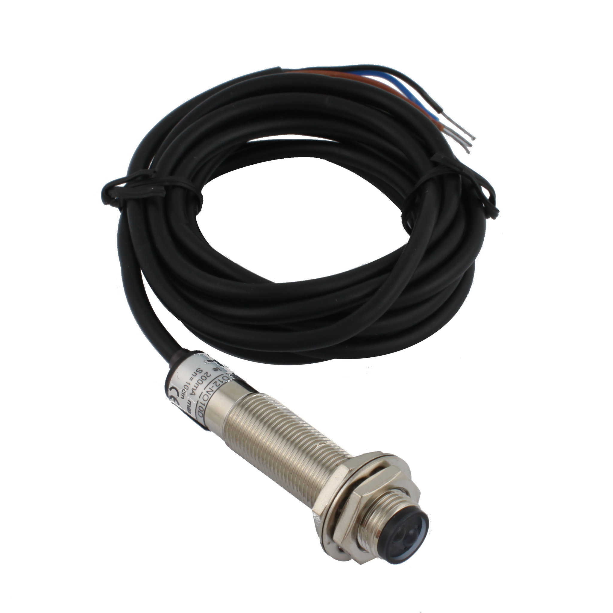 INNOCONT Фотодатчик диффузионный, М12x1, зона срабатывания до 10 см, -10 +60 С, 12…24 VDC, IP67, выход: NPN NO, макс. ток 200 мА, время реакции 3 мс, кабель 2 м PES-D12-NO10D